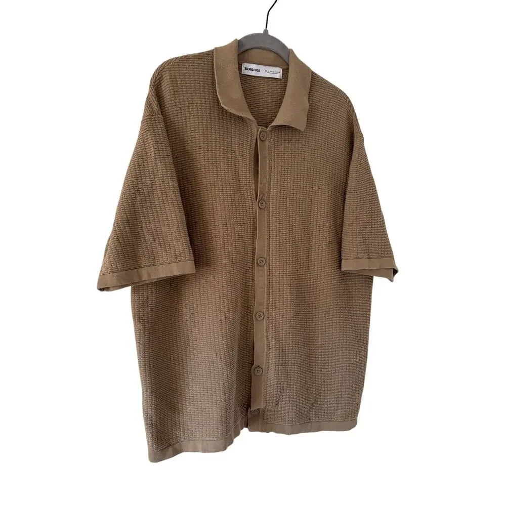Bershka Mens Knit Polo Cardigan Shirt Brown Textured Button Front Size L EU - Picture 3 of 8